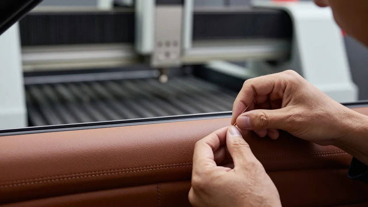 Hands stitching leather car interior in foreground with a CNC machine visible in the blurred background