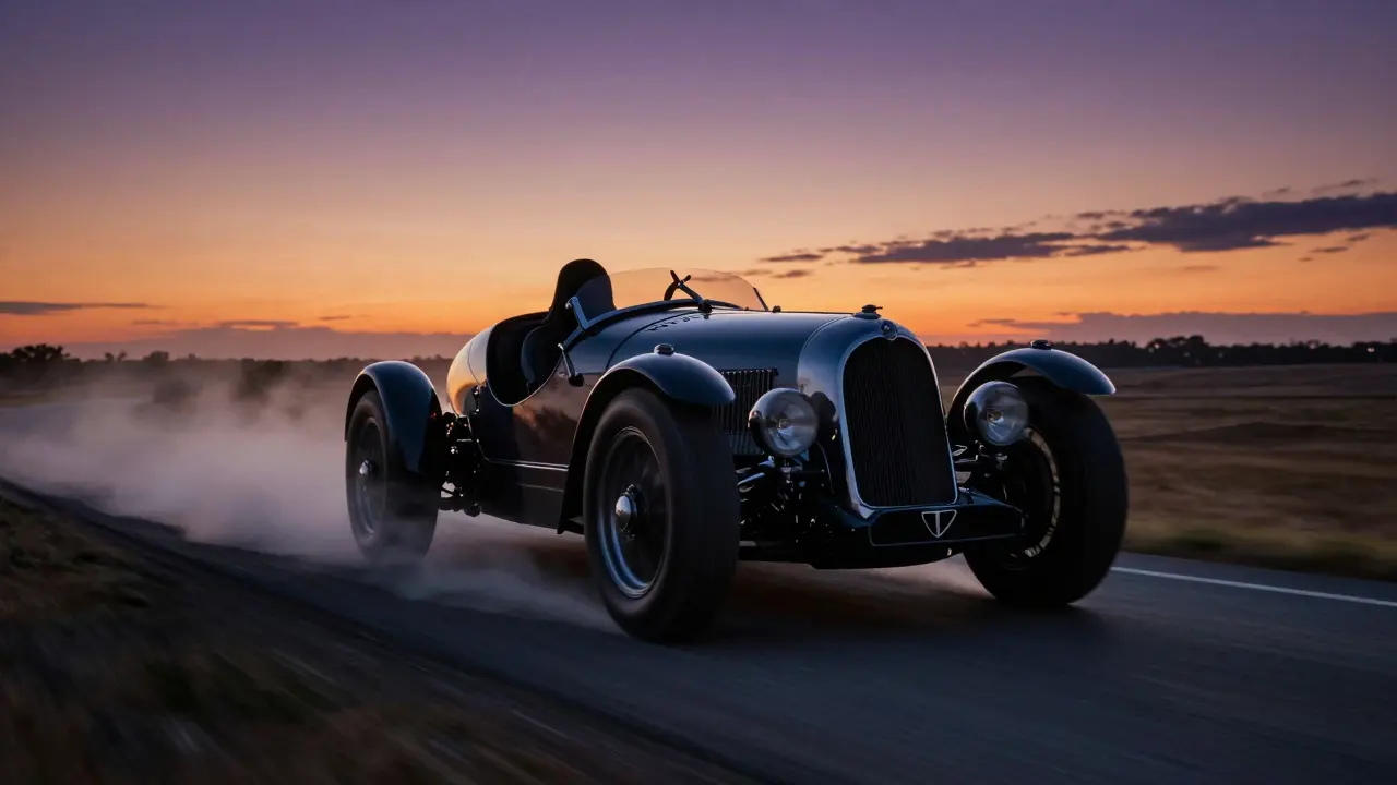 High-performance sports car speeding on a rural road at dusk