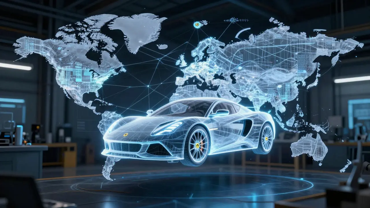 Holographic blueprint of a Lotus car connected by digital threads