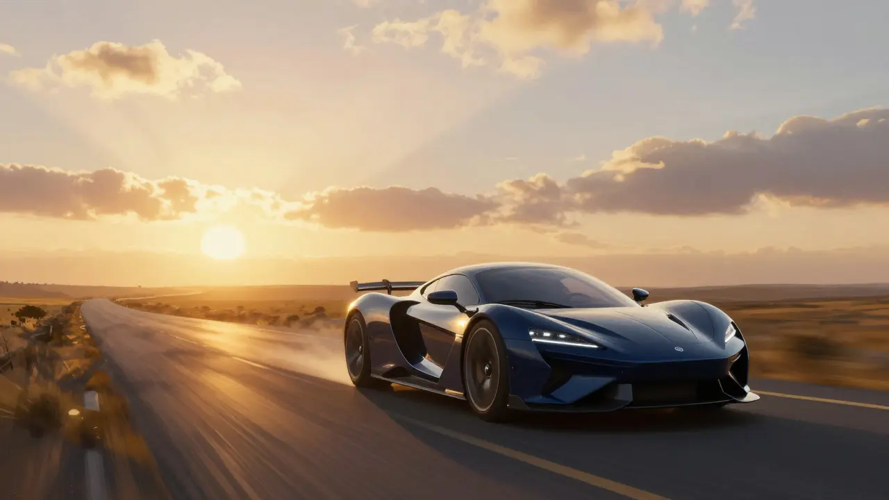 Hybrid hypercar driving towards sunrise in conceptual art style