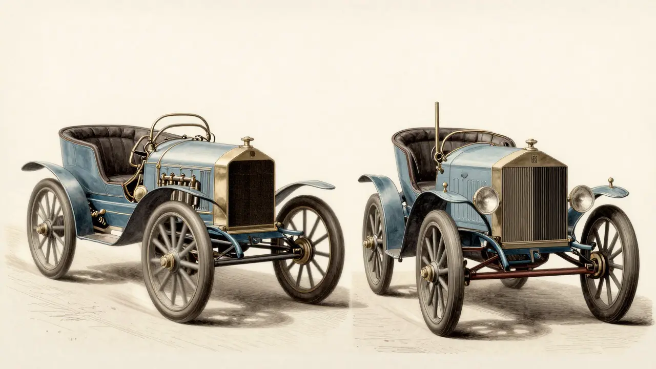 Illustration comparing a fragile fast car with a sturdy durable car from the 1890s