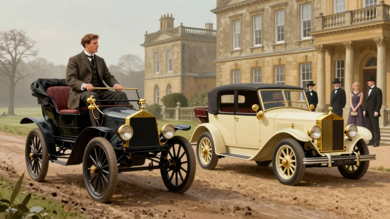 Illustration contrasting a middle-class utility car with a luxury vehicle