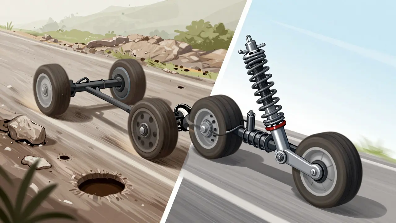 Illustration contrasting rigid leaf spring suspension with modern independent suspension