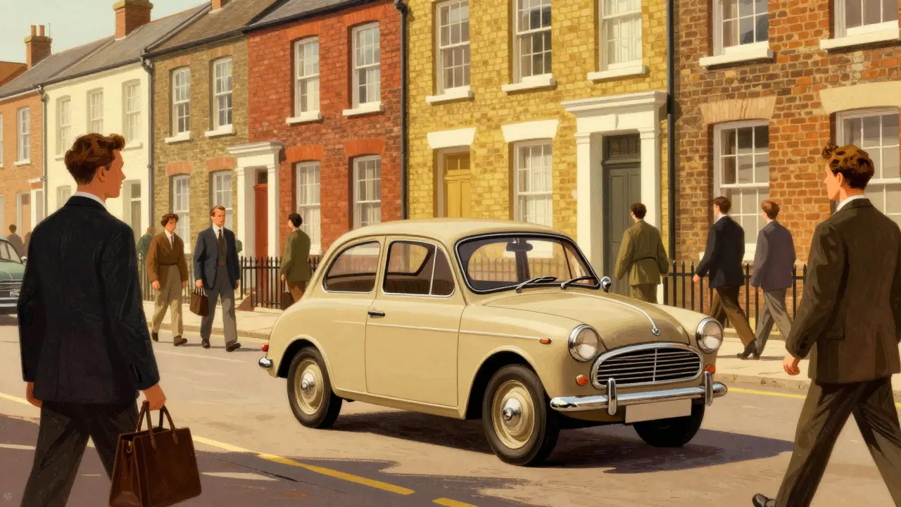 Illustration of a small beige budget car driving on a busy 1930s city street