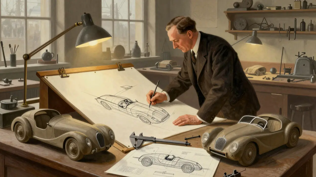 Illustration of an engineer designing the Jaguar C-Type in a workshop