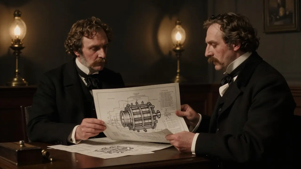 Illustration of inventors and lawyers debating engine patents in a dimly lit study