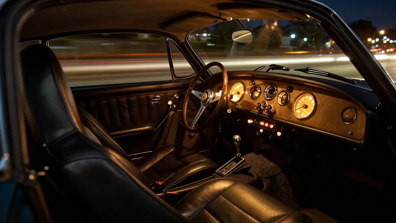 Interior of a classic British sports car at night with glowing instruments