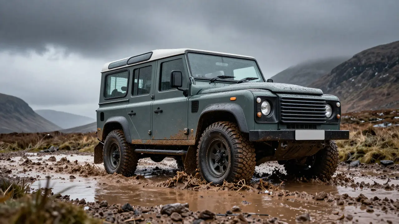 Land Rover Defender splashing through muddy terrain in the Scottish Highlands under rainy skies