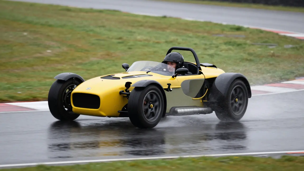 Lightweight sports car cornering on a wet race track