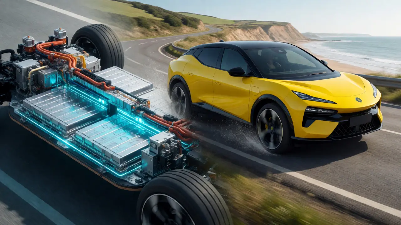 Lotus Eletre speeding alongside its SEA architecture platform diagram