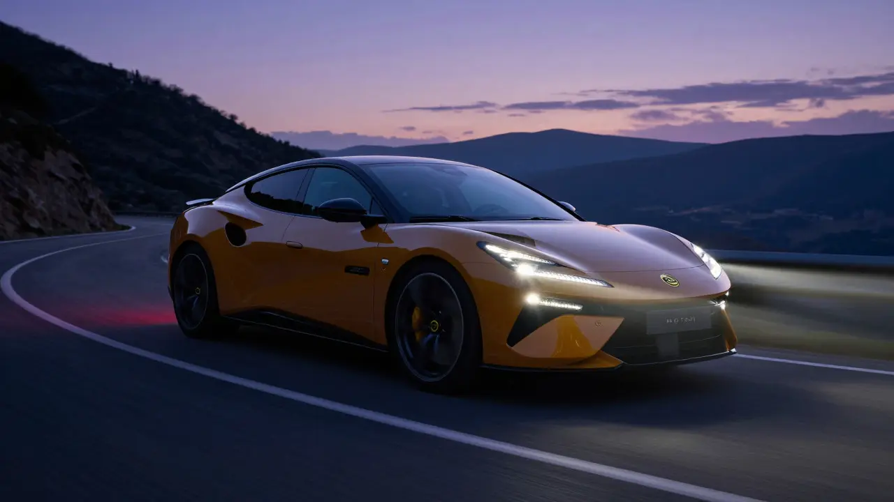 Lotus Emeya taking a sharp turn on a mountain road at dusk