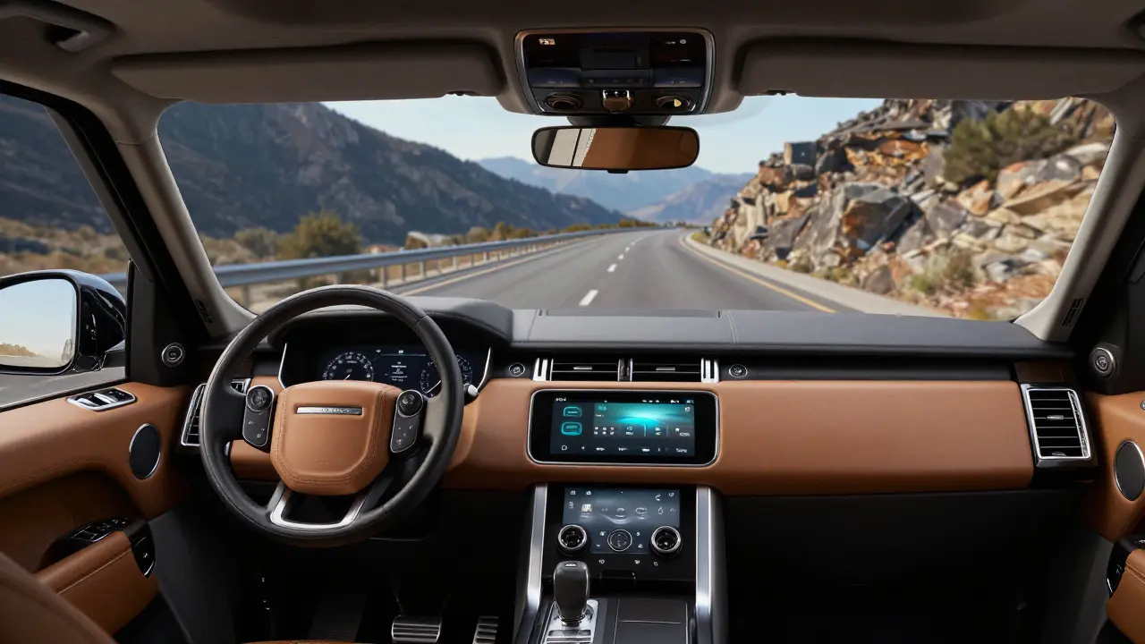 Luxurious Range Rover interior with view of highway and mountains