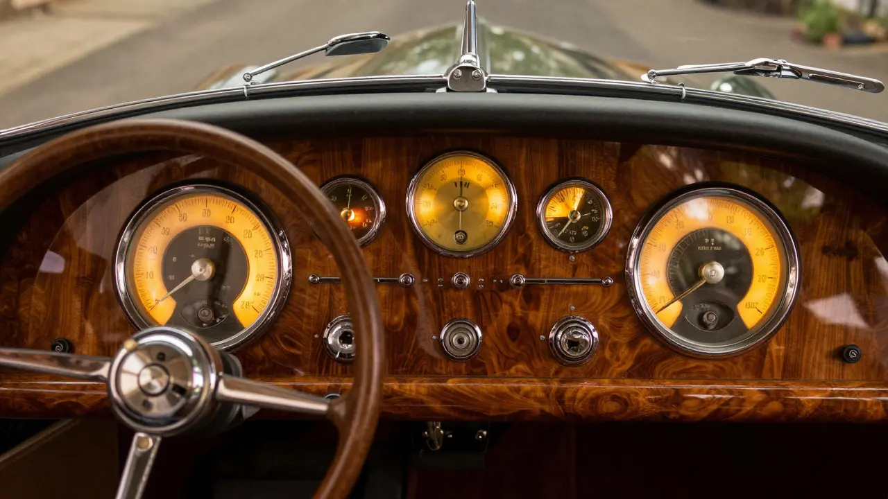 Luxury car dashboard featuring burr walnut veneer and amber-lit gauges
