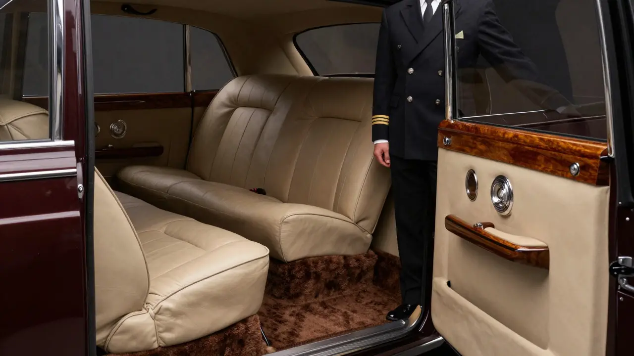 Luxury car interior with a chauffeur standing beside the door