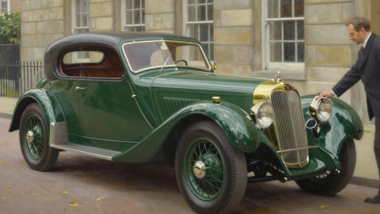 Luxury interwar car with elegant body being polished by a craftsman