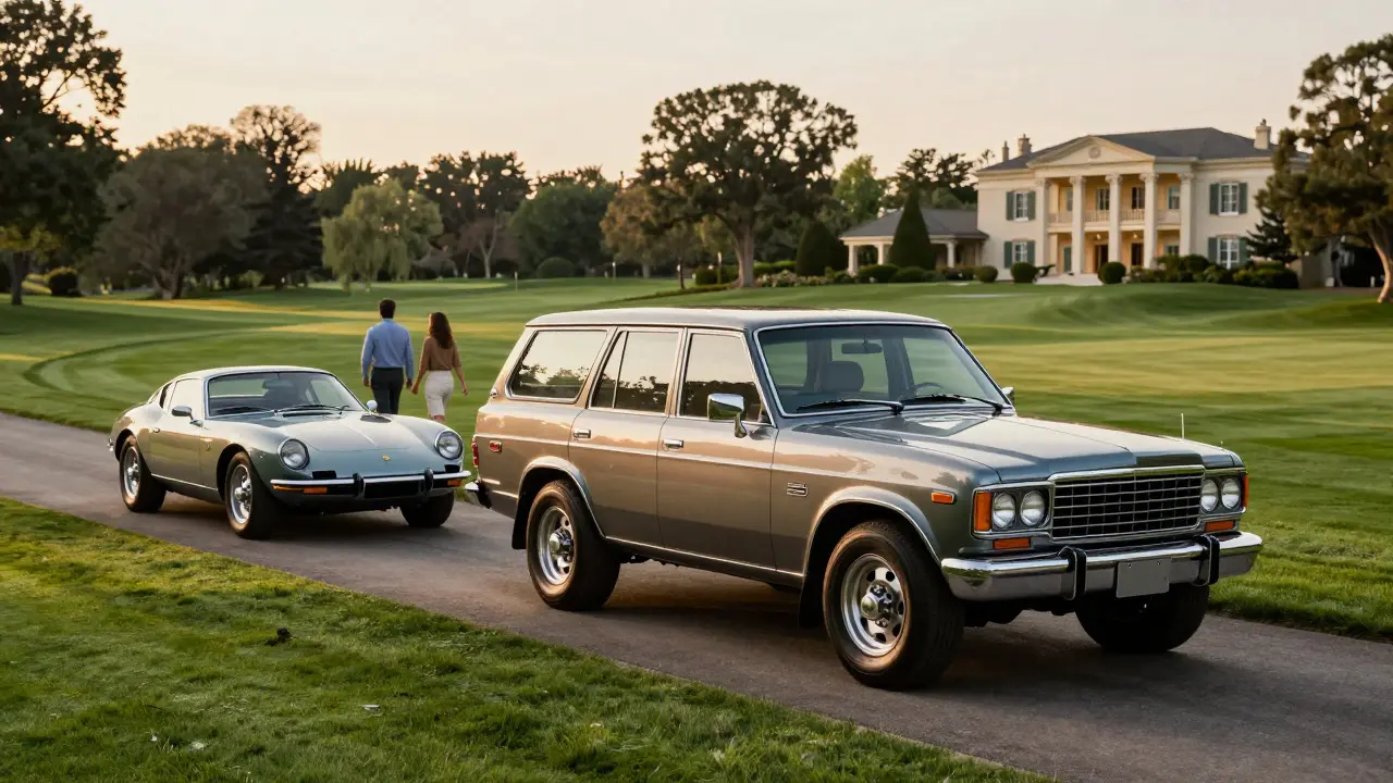 Luxury SUV parked on a country club driveway during golden hour