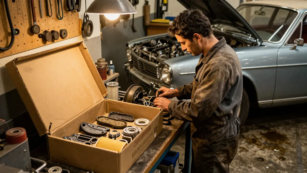 Mechanic repairing a classic Rover using a pre-packaged spare parts kit