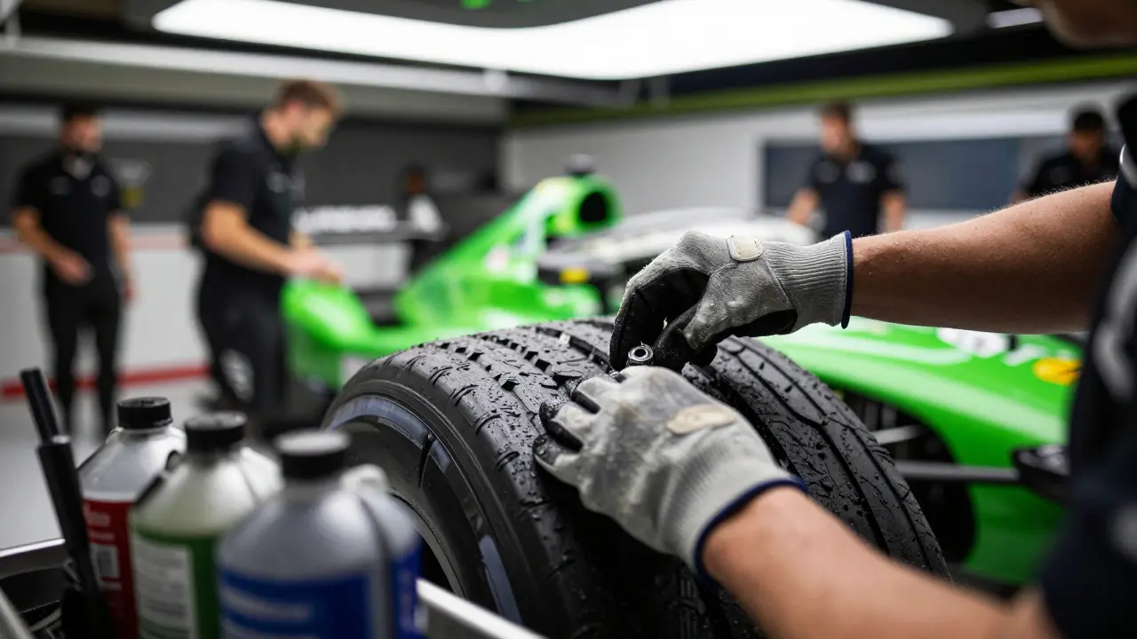 Mechanic working on a Bentley race car tire in the pit lane under bright lights