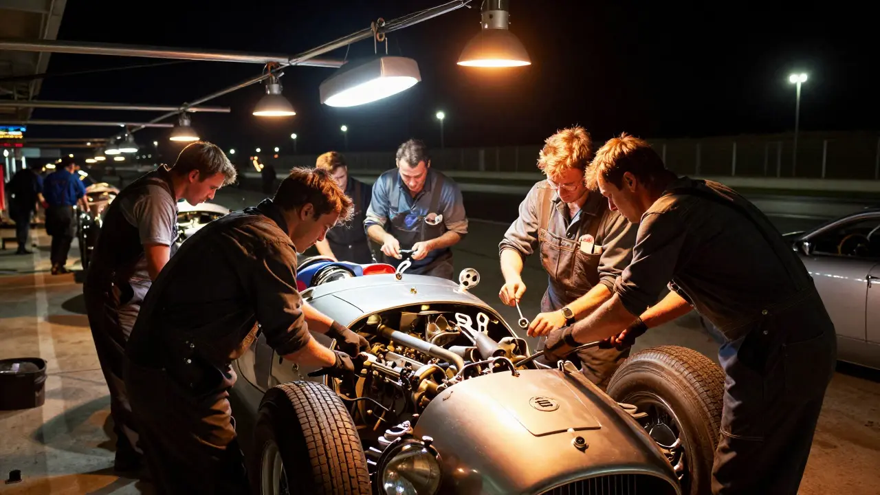 Mechanics working on a Sprite in the pit lane at night during a race