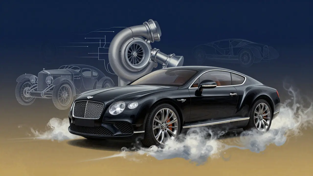 Modern Bentley car emerging from abstract engineering shapes and historical ghosts