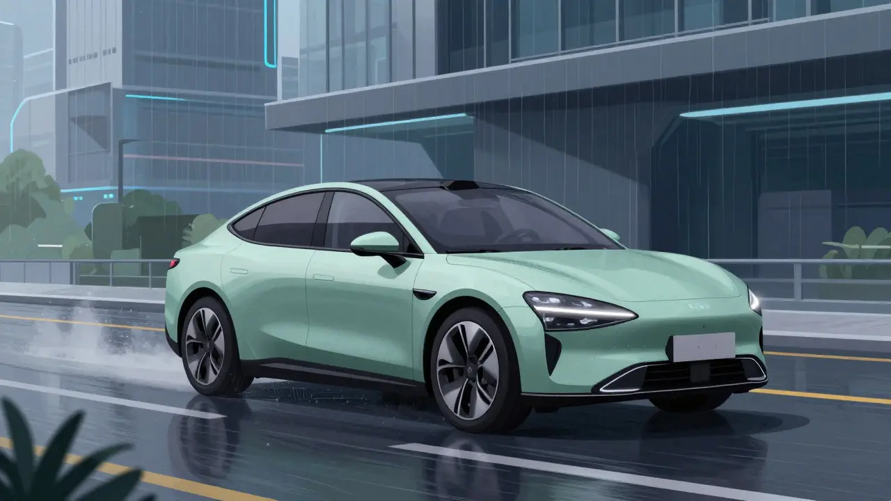 Modern electric car in sage green driving through a futuristic rainy city
