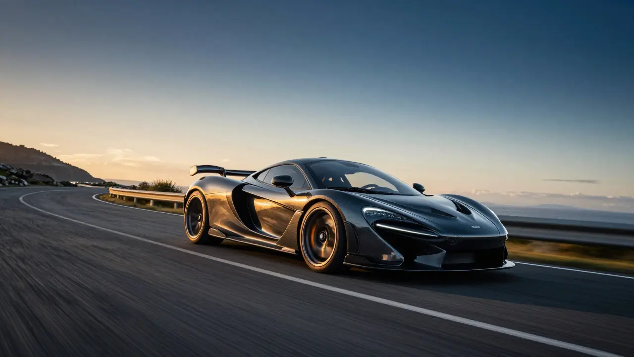 Modern McLaren hypercar taking a corner on a coastal road