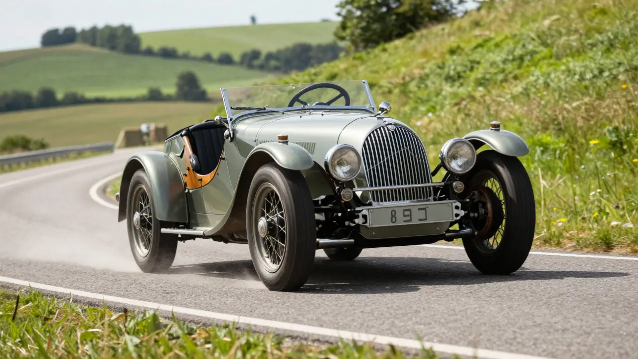 Morgan car leaning into a corner on a country road