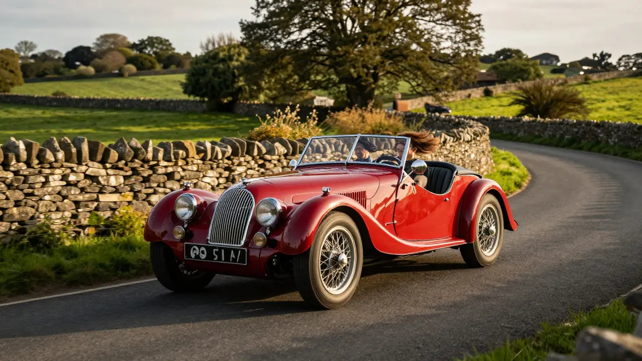 Red Morgan Plus Four driving on a winding British country road at sunset