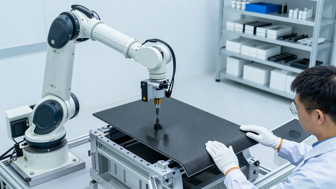 Robotic arm and artisan working on carbon fiber chassis in factory