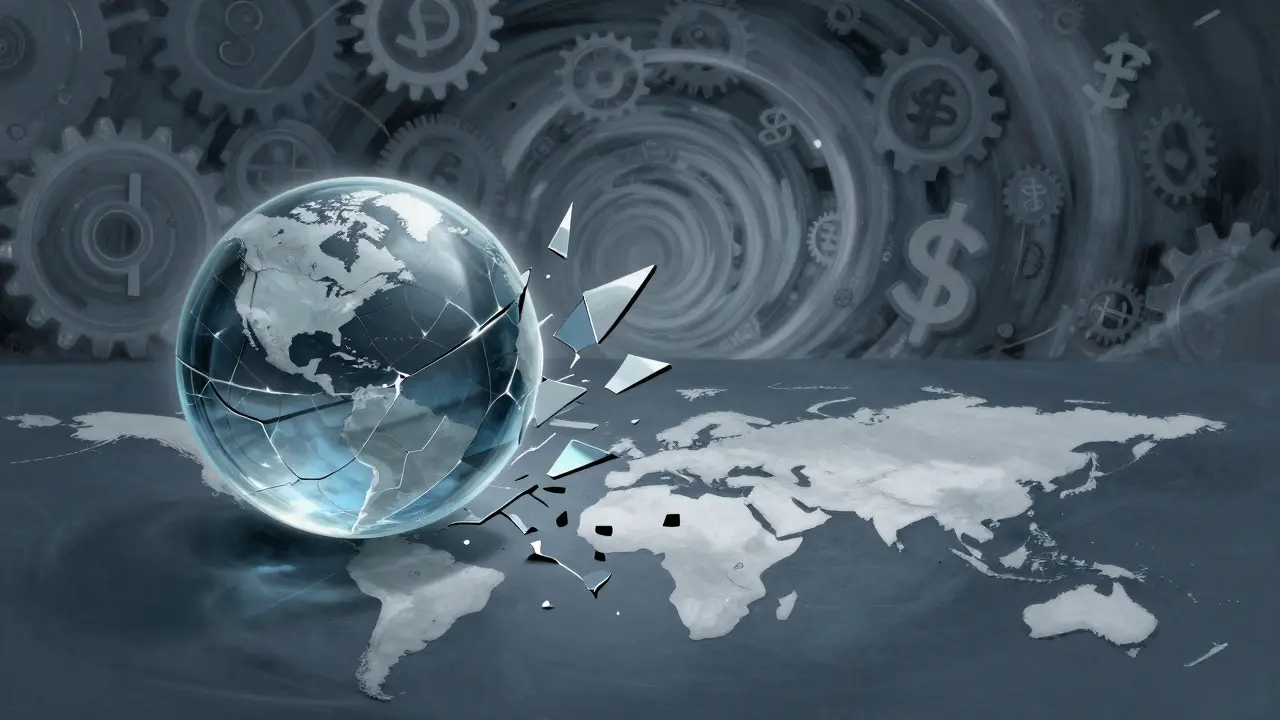 Shattered glass sphere falling onto a world map in a surreal style