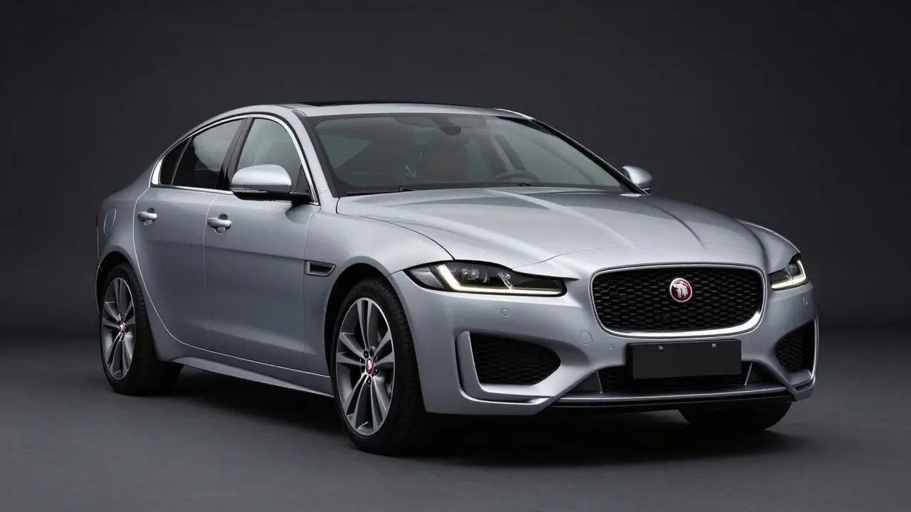 Silver Jaguar XE sedan in a studio setting highlighting sharp design lines