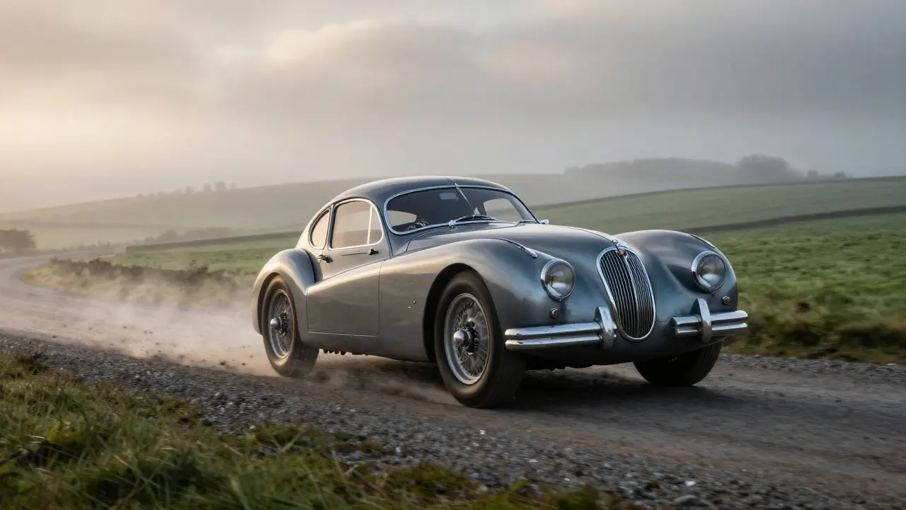 Silver Jaguar XK120 drifting through a misty countryside road at dawn