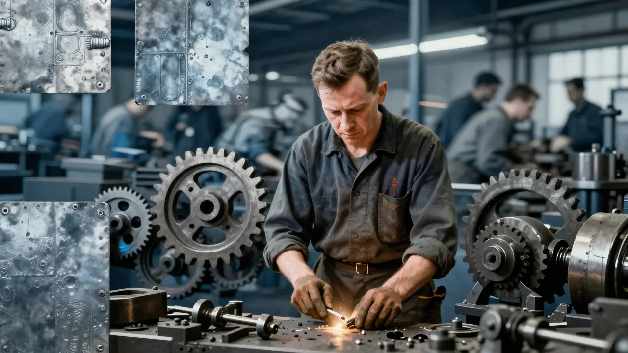 Skilled worker standing amidst industrial machinery and gears
