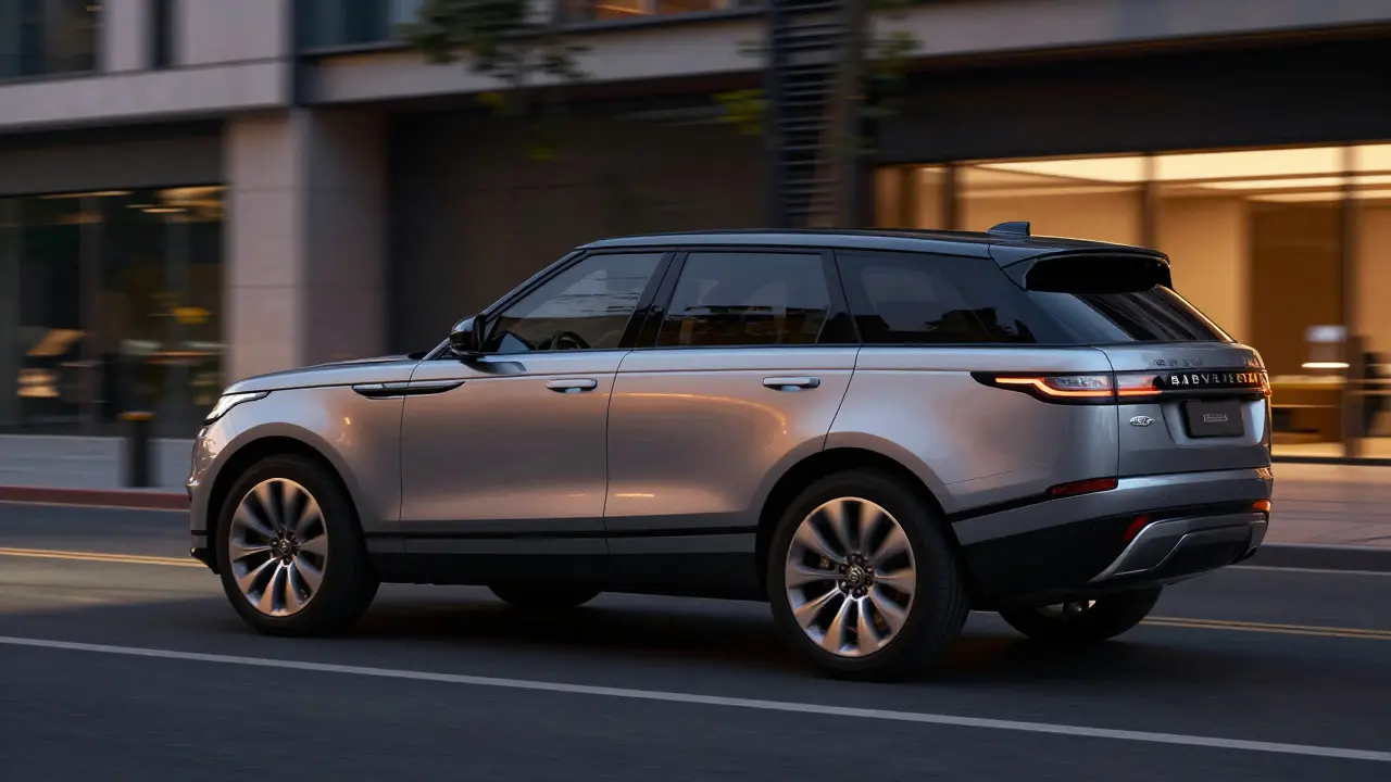 Sleek Range Rover Velar driving on a city street at dusk