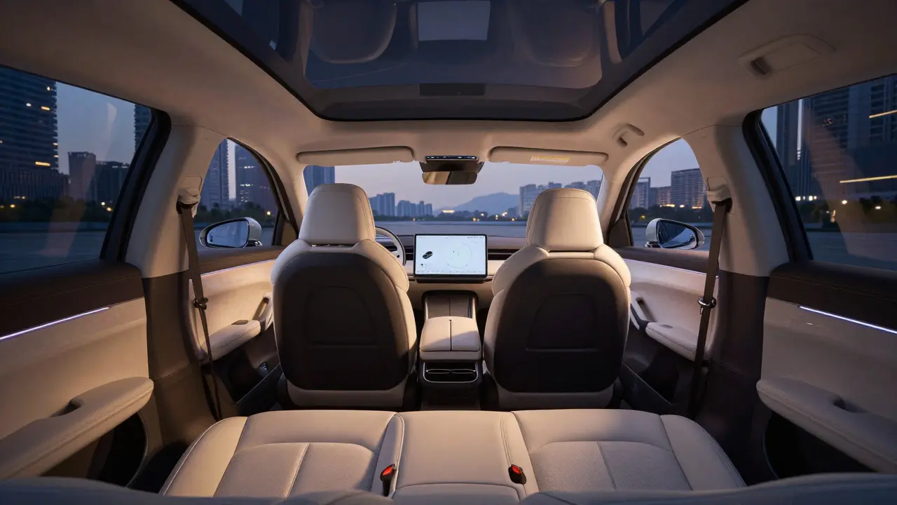 Spacious futuristic EV interior with rotating seats and minimalist dashboard