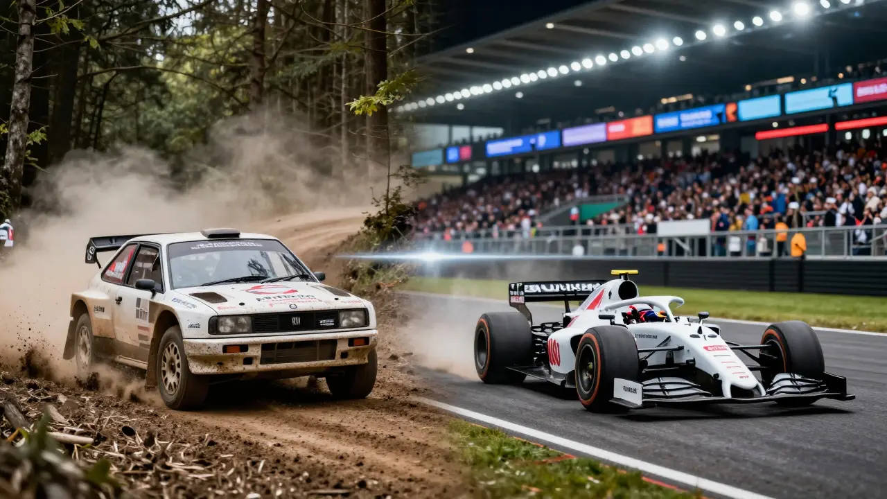 Split image comparing a muddy rally car and a polished F1 car on separate tracks