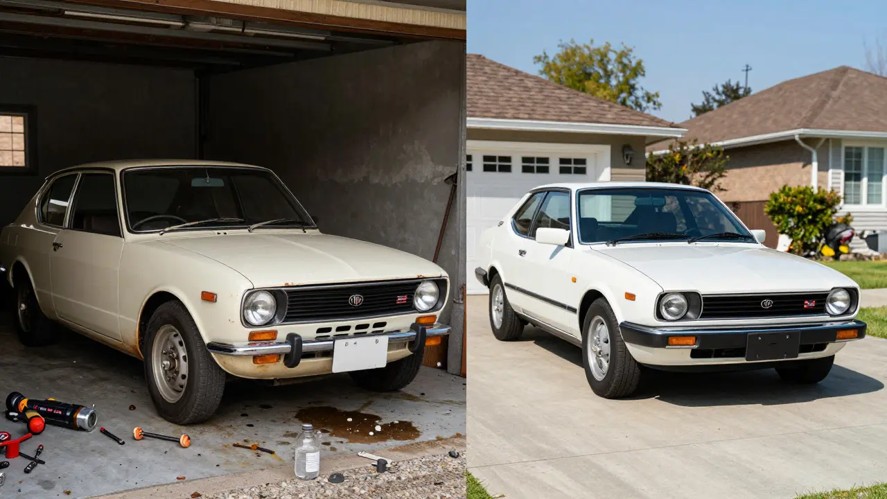 Split image comparing a rusty British car in a garage with a clean Japanese car outside
