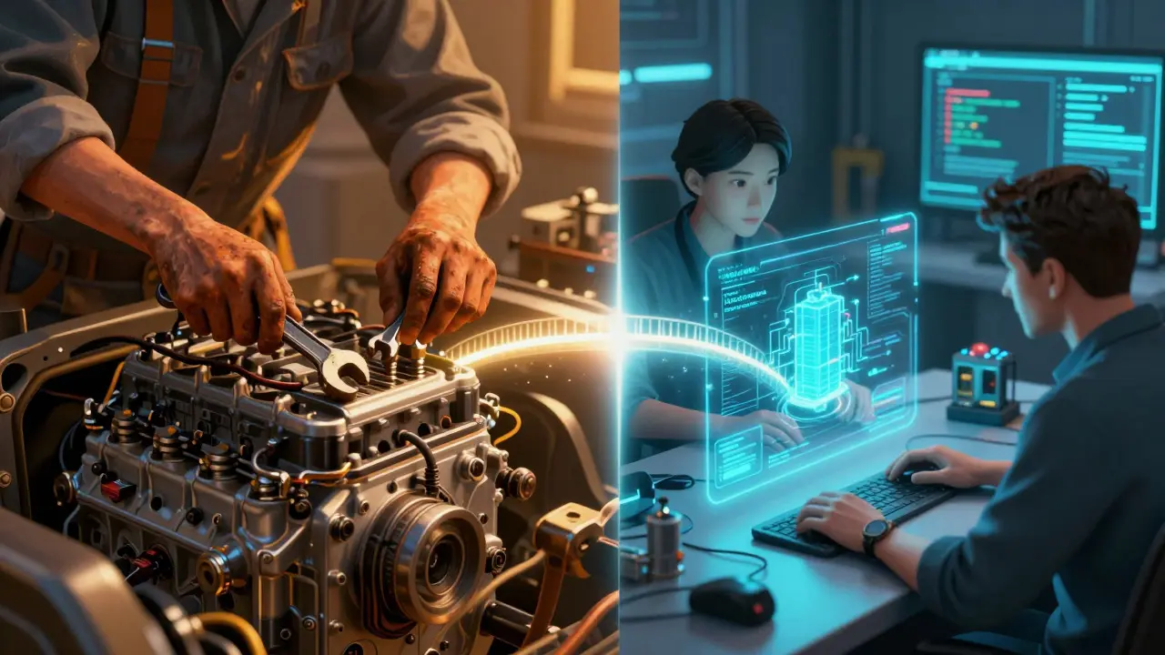 Split image contrasting mechanical engine work with EV software coding