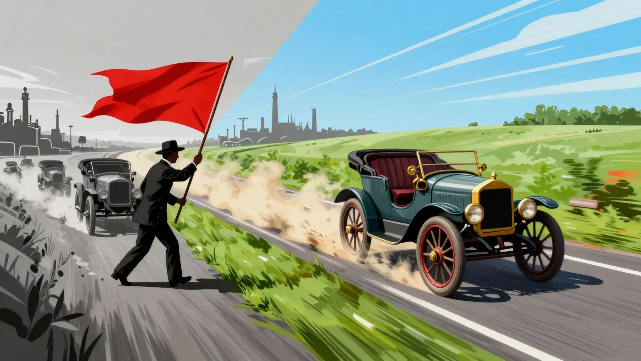 Split-screen art comparing a slow-flagged car under old laws with a fast-moving car under new freedoms