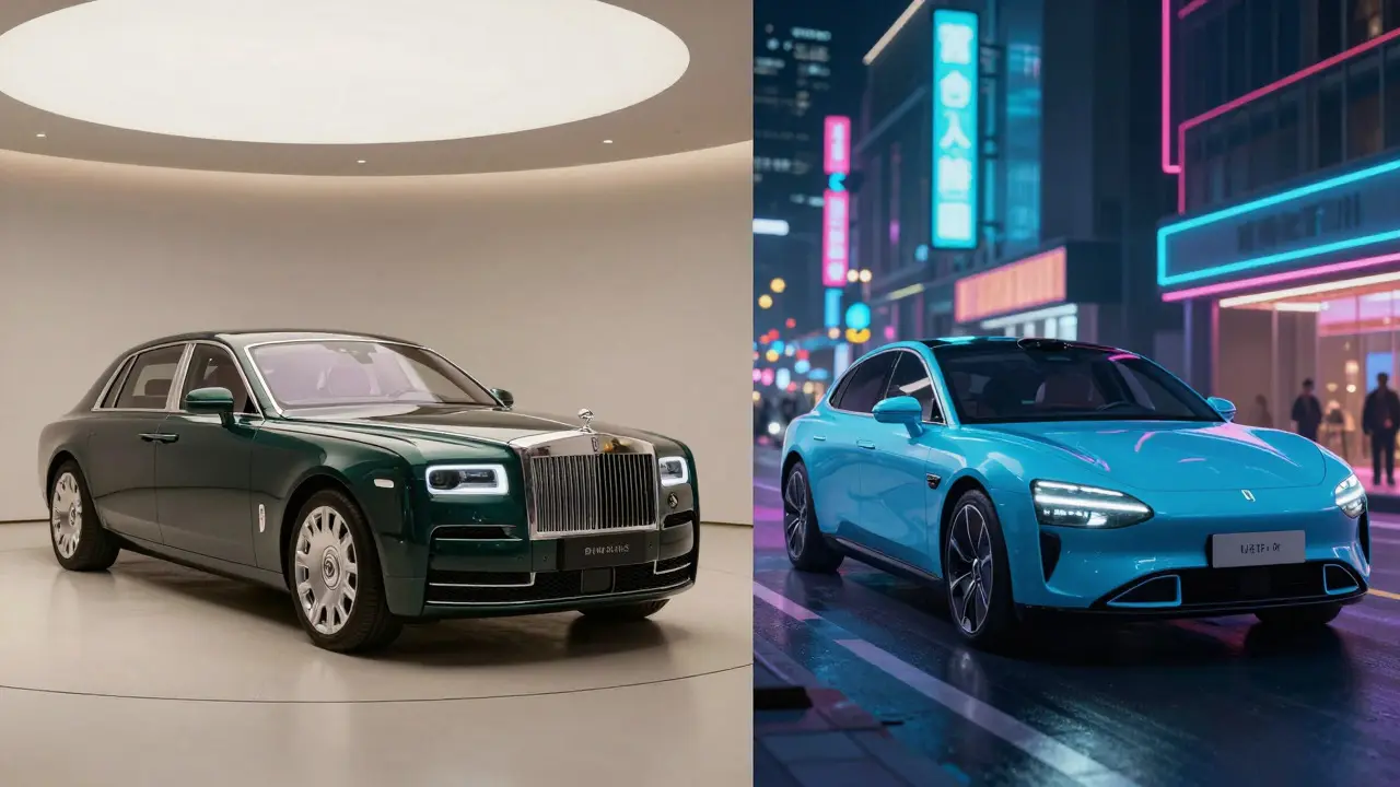 Split view comparing a British luxury sedan and a Chinese electric vehicle