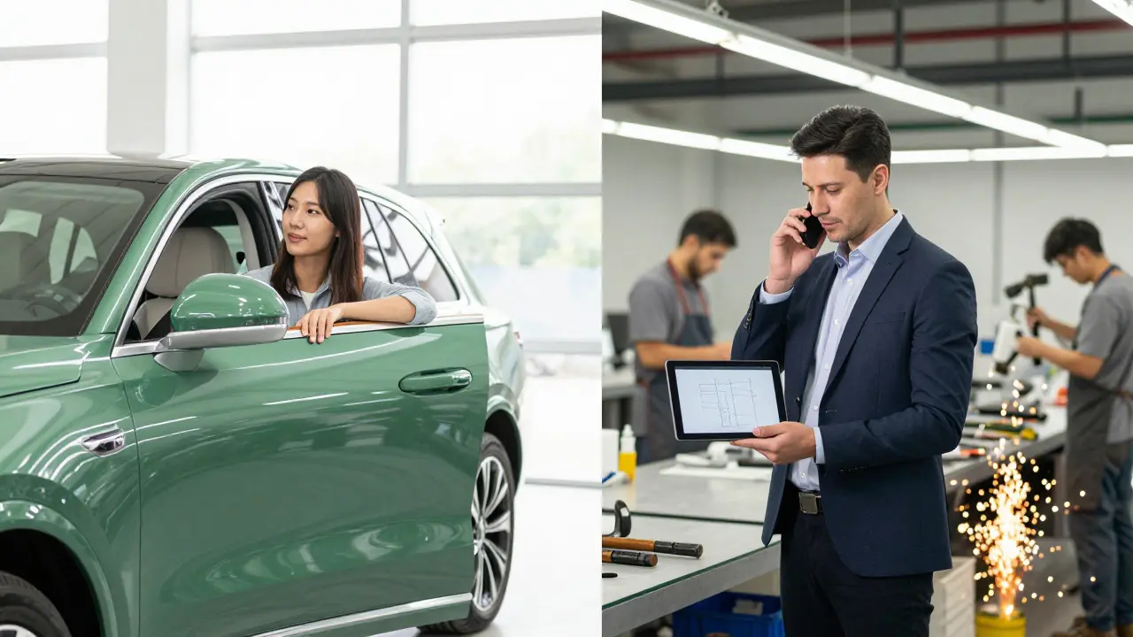 Split view of a customer in a showroom and a consultant on the assembly line