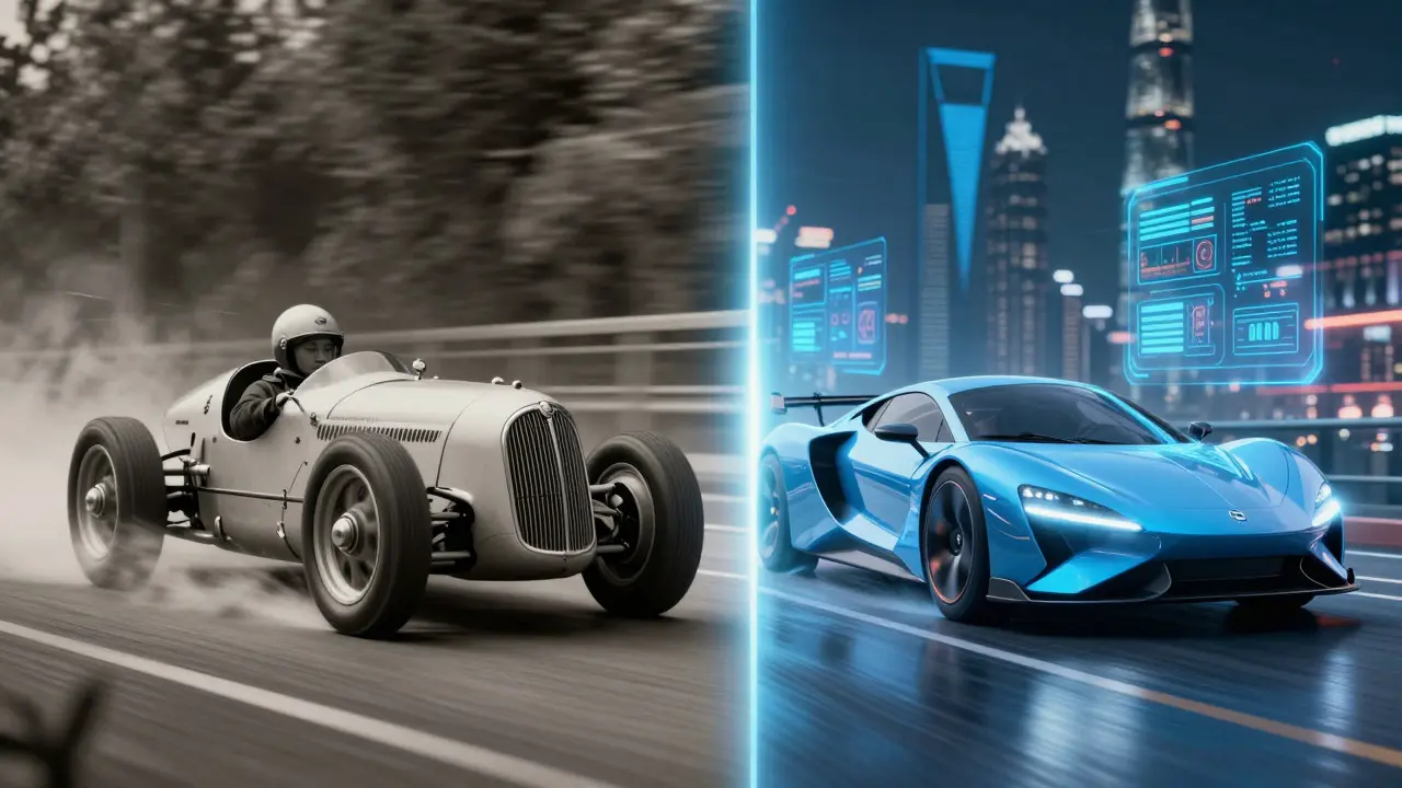 Split view of classic racing car and futuristic electric vehicle