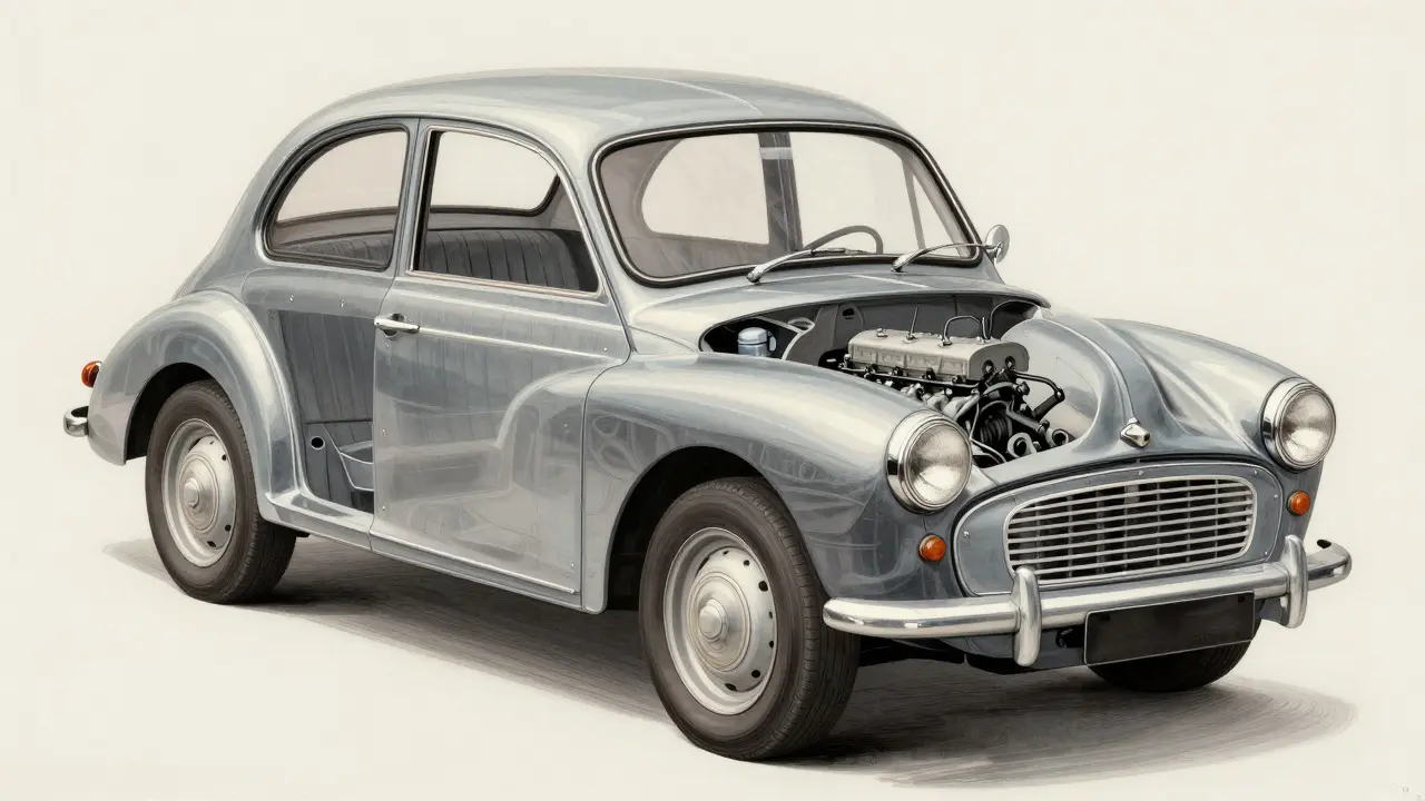 Technical illustration showing the monocoque body and engine layout of a Morris Minor