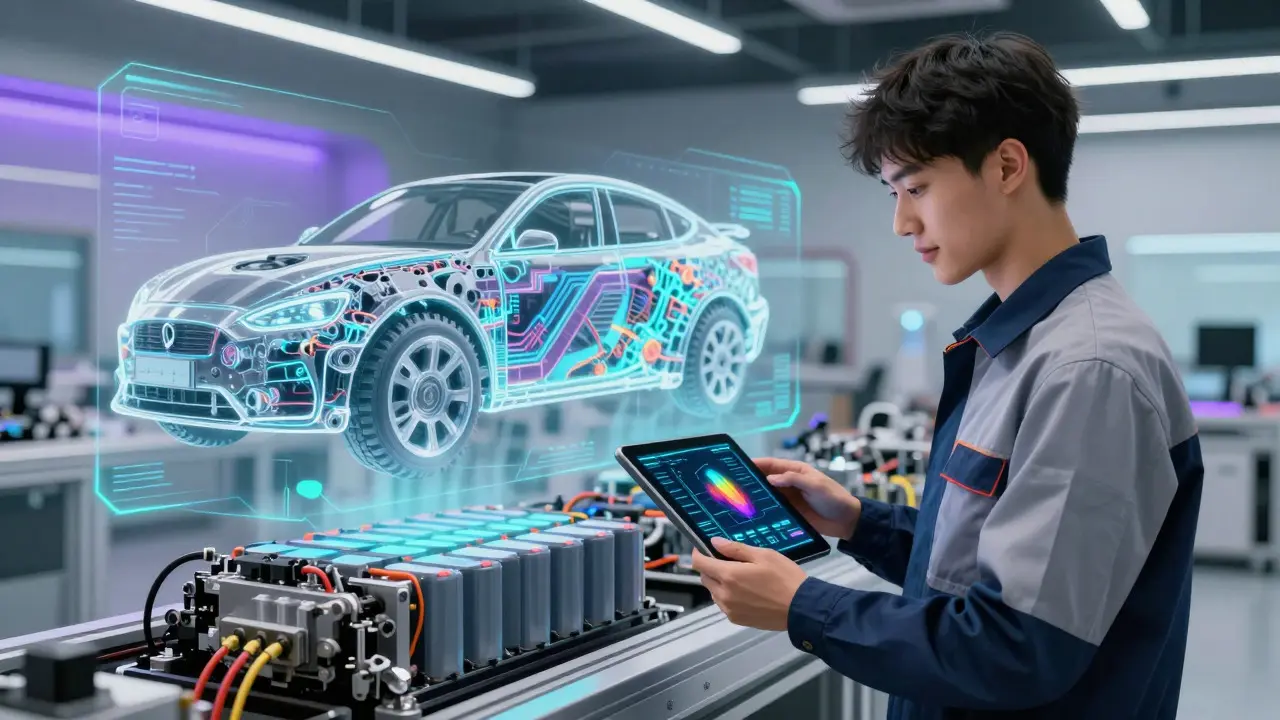 Technician inspecting an electric vehicle battery pack with holographic technical overlays in a modern lab