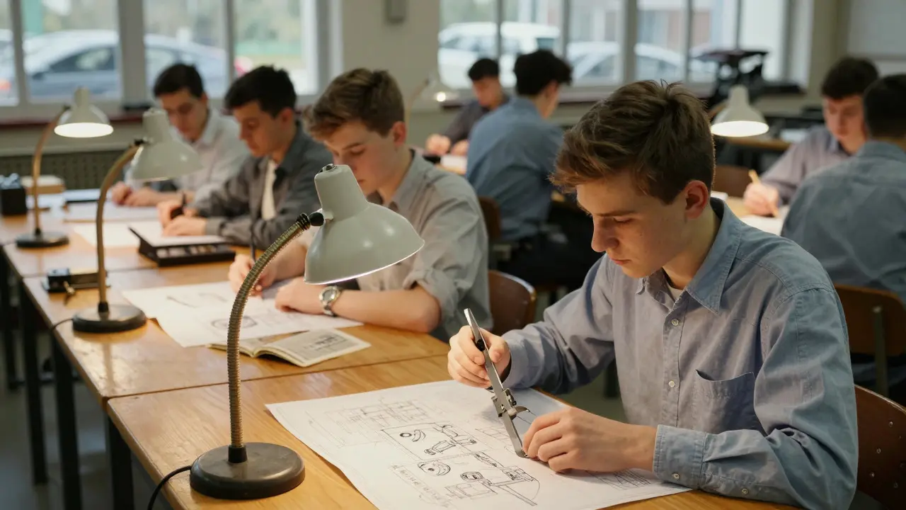 Teenage apprentices studying engineering blueprints and using tools in a vintage technical college classroom
