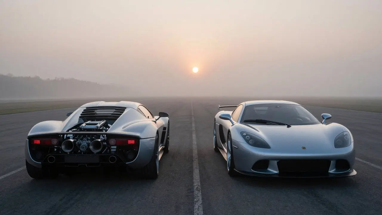 Two lightweight sports cars parked side-by-side in morning mist on an airstrip
