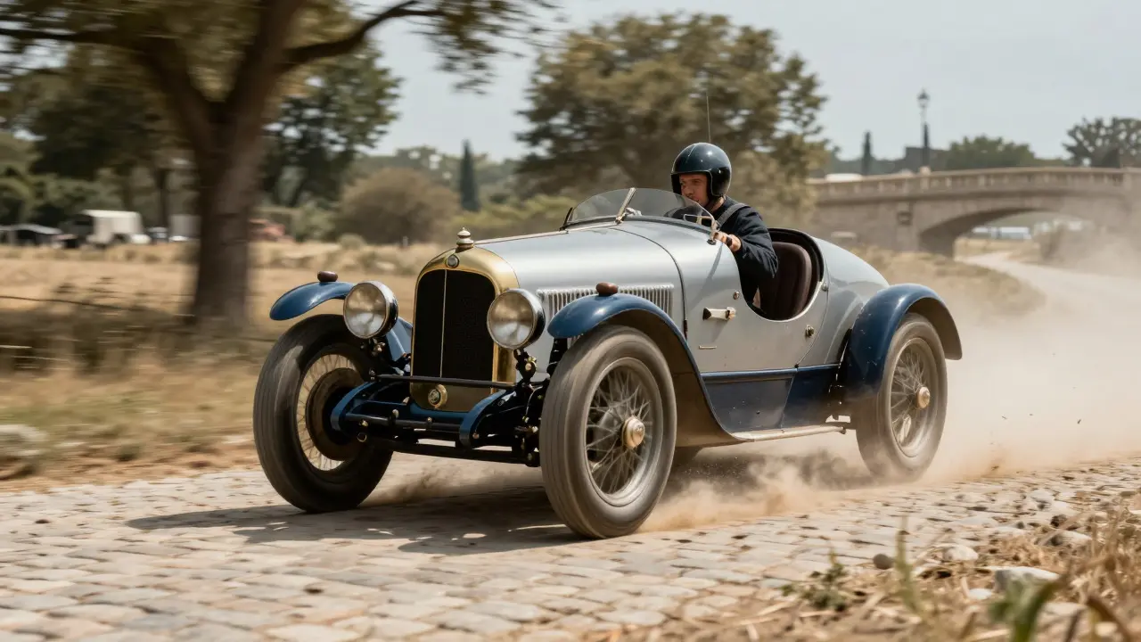 Vintage Bentley race car speeding on a cobblestone road