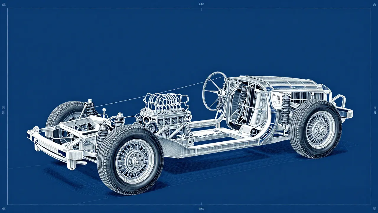 Vintage blueprint style cross-section of 1950s car chassis and suspension