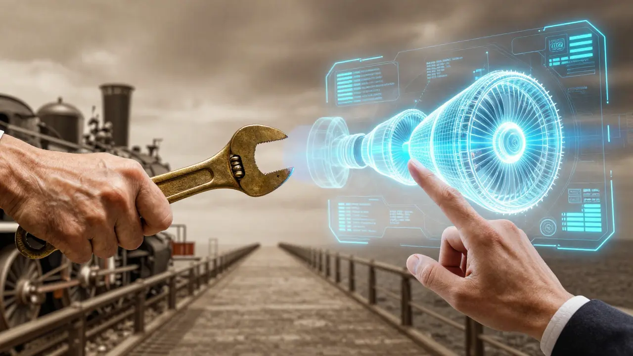 Visual concept merging traditional tools with futuristic digital engineering interfaces