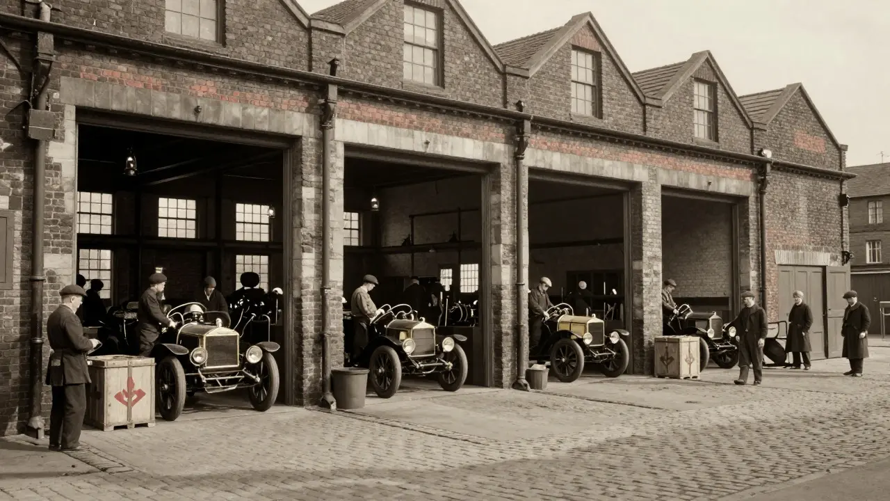 Workers assembling early cars at the original Daimler factory in Coventry